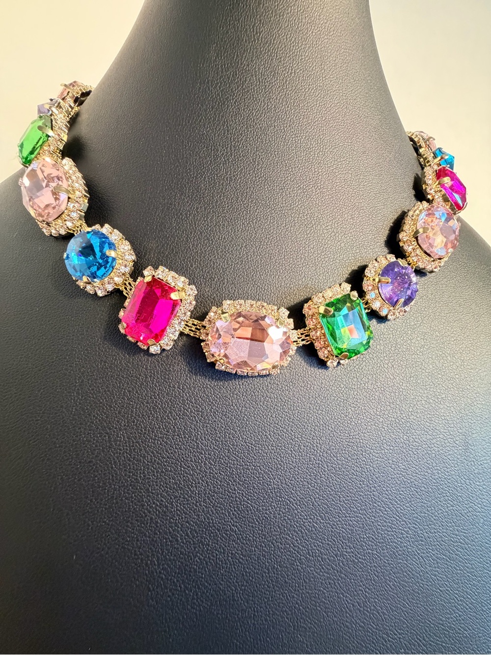 Eye Candy Gold Tone Pink, Blue, Green & Purple Faceted Crystal And Pave Necklace - Picture 4 of 10